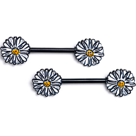 14G 9/16 Black Pretty Daisy Flower Barbell Nipple Ring Set
