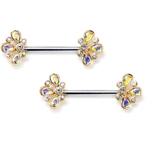 14G 9/16 Aurora Gem Golden Crown Deluxe Barbell Nipple Ring Set