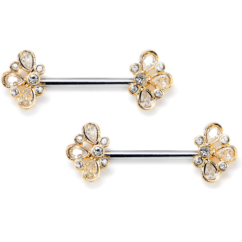 14G 9/16 Clear Gem Golden Crown Deluxe Barbell Nipple Ring Set