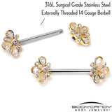 14G 9/16 Clear Gem Golden Crown Deluxe Barbell Nipple Ring Set