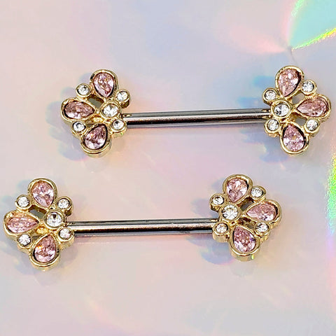 14G 9/16 Pink Gem Filigree Flower Fantasy Barbell Nipple Ring Set