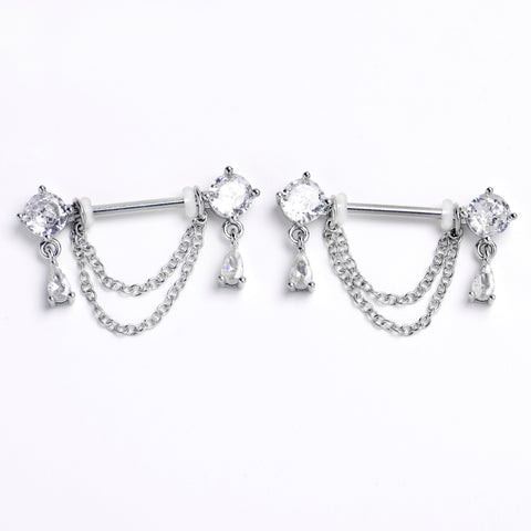 14G 9/16 Clear Gem Double Drama Dangle Nipple Ring Set