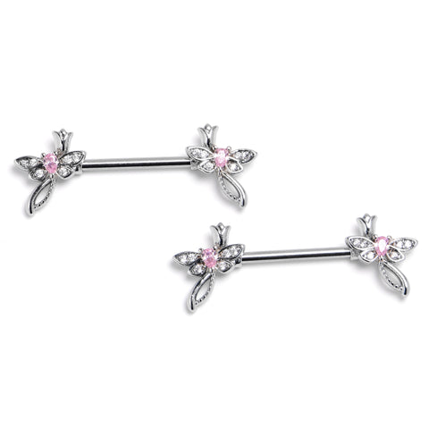 14G 9/16 Pink Gem Bold Dragonfly Barbell Nipple Ring Set