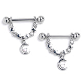 14G 9/16 Clear Gem Crescent Moon Stars Dangle Nipple Ring Set