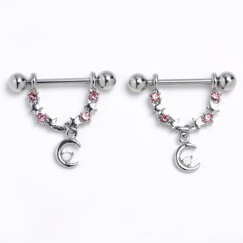 14G 9/16 Pink Clear Gem Crescent Moon Stars Dangle Nipple Ring Set