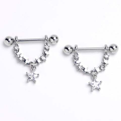 14G 9/16 Clear Gem All The Stars Dangle Nipple Ring Set