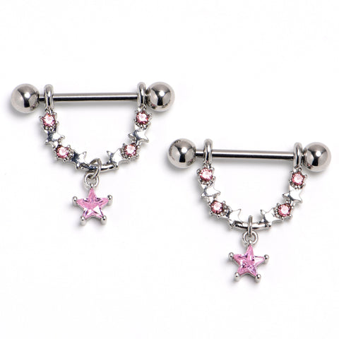 14G 9/16 Pink Gem Lush Stars Dangle Nipple Ring Set
