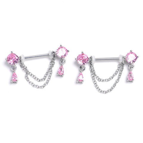 14G 9/16 Pink Gem Double Drama Dangle Nipple Piercing Rings