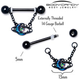 14G 9/16 Aurora Gem Black Saturn Space Moon Dangle Nipple Ring Set