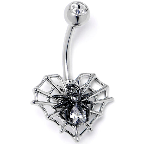 Clear CZ Gem Web Heart Black Spider Belly Ring