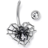 Clear CZ Gem Web Heart Black Spider Belly Ring