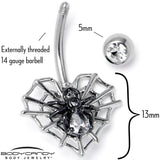 Clear CZ Gem Web Heart Black Spider Belly Ring