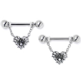 14G 9/16 Clear CZ Gem Heart of Spider Chain Dangle Nipple Ring Set