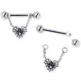 14G 9/16 Clear CZ Gem Heart of Spider Chain Dangle Nipple Ring Set