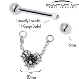 14G 9/16 Clear CZ Gem Heart of Spider Chain Dangle Nipple Ring Set