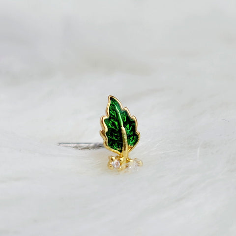 20G 7mm Clear Gem Green Leaf Golden L Shape Nose Ring