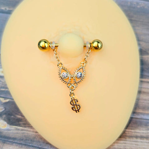 14G 9/16 Gold Tone Dollar Sign Chain Dangle Nipple Ring Set