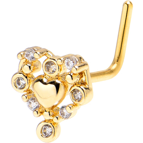 20G 1/4 Clear CZ Gem Gold Tone Heart Duo L Shape Nose Ring