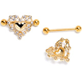 14G 9/16 Clear CZ Gem Gold Tone Heart Duo Nipple Shield Set