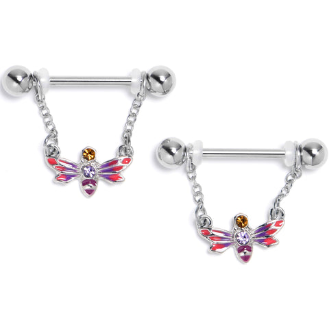 14G 9/16 Purple Yellow Gem Dragonfly Stripe Dangle Nipple Ring Set
