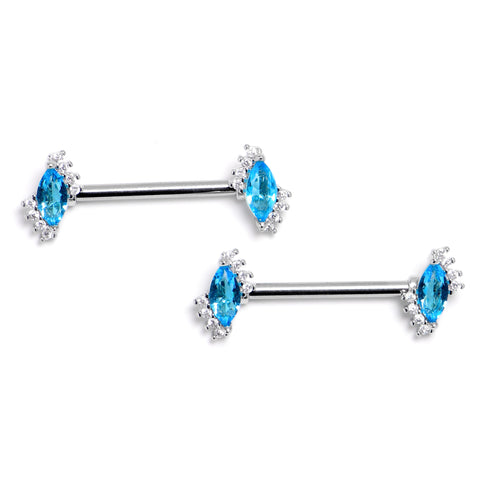 14G 9/16 Blue Gem Firey Drop Barbell Nipple Ring Set