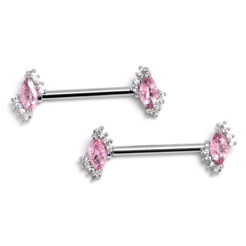 14G 9/16 Pink Gem Firey Drop Barbell Nipple Ring Set