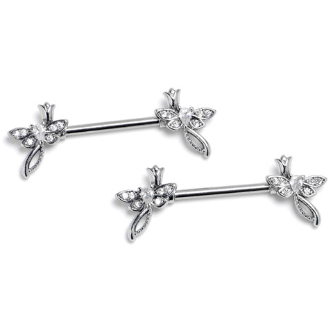 14G 9/16 Clear Gem Bold Dragonfly Barbell Nipple Ring Set