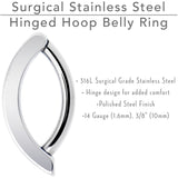 14G 3/8 316L Surgical Steel Smooth Style Hinged Hoop Belly Ring