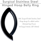 14G 3/8 Black 316L Surgical Steel Smooth Style Hinged Hoop Belly Ring