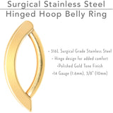 14G 3/8 Gold Tone CZ ASTM F-136 Implant Grade Titanium Hinged Hoop Belly Ring