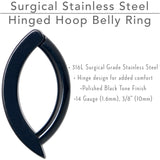 14G 3/8  Black Implant Grade Titanium CZ Paved Hinged Hoop Belly Ring