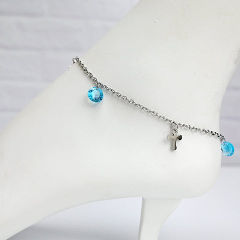Blue Gem Cross Dangle Stainless Steel Ankle Bracelet