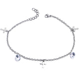 Clear CZ Gem Cross Dangle Steel Ankle Bracelet