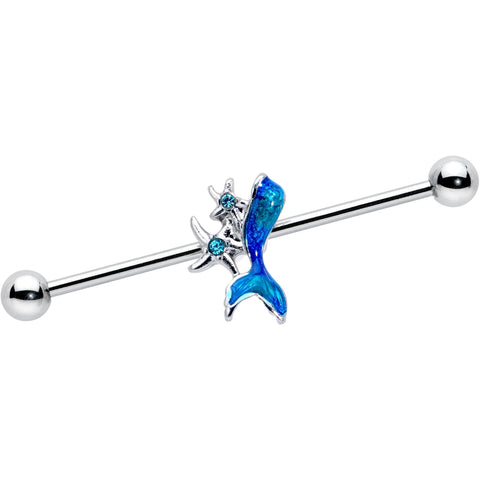14G Blue Gem Blue Mermaid Tail Star Industrial Barbell 38mm