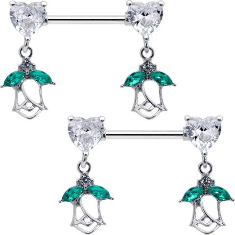 14G 9/16 Clear CZ Gem Hearts And Roses Dangle Nipple Ring Set