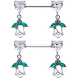 14G 9/16 Clear CZ Gem Hearts And Roses Dangle Nipple Ring Set