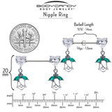 14G 9/16 Clear CZ Gem Hearts And Roses Dangle Nipple Ring Set