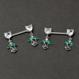 14G 9/16 Clear CZ Gem Hearts And Roses Dangle Nipple Ring Set