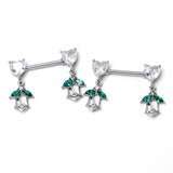 14G 9/16 Clear CZ Gem Hearts And Roses Dangle Nipple Ring Set