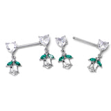 14G 9/16 Clear CZ Gem Hearts And Roses Dangle Nipple Ring Set