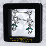 14G 9/16 Clear CZ Gem Hearts And Roses Dangle Nipple Ring Set