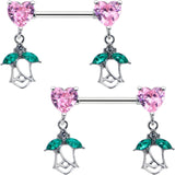 14G 9/16 Pink CZ Gem Hearts And Roses Dangle Nipple Ring Set