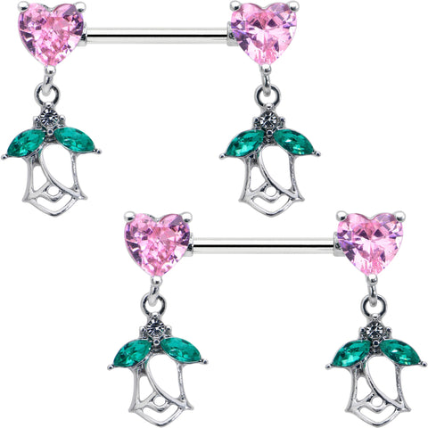 14G 9/16 Pink CZ Gem Hearts And Roses Dangle Nipple Ring Set
