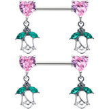 14G 9/16 Pink CZ Gem Hearts And Roses Dangle Nipple Ring Set