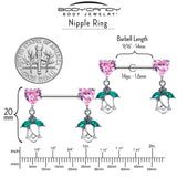 14G 9/16 Pink CZ Gem Hearts And Roses Dangle Nipple Ring Set