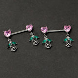 14G 9/16 Pink CZ Gem Hearts And Roses Dangle Nipple Ring Set