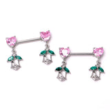 14G 9/16 Pink CZ Gem Hearts And Roses Dangle Nipple Ring Set