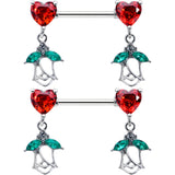 14G 9/16 Red CZ Gem Hearts And Roses Dangle Nipple Ring Set