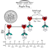 14G 9/16 Red CZ Gem Hearts And Roses Dangle Nipple Ring Set