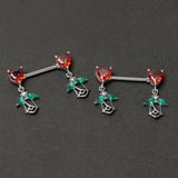 14G 9/16 Red CZ Gem Hearts And Roses Dangle Nipple Ring Set